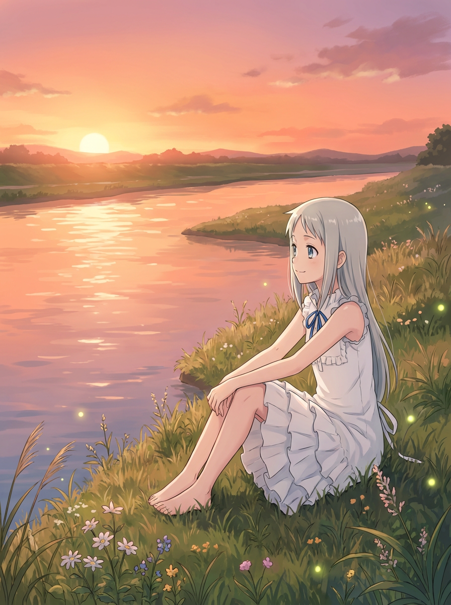 Menma sitting by the river (generated by nanobanana)
